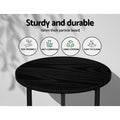 Black round side table features: sturdy, 15mm particle board, eco-friendly, anti-corrosion, long lifespan, easy to clean