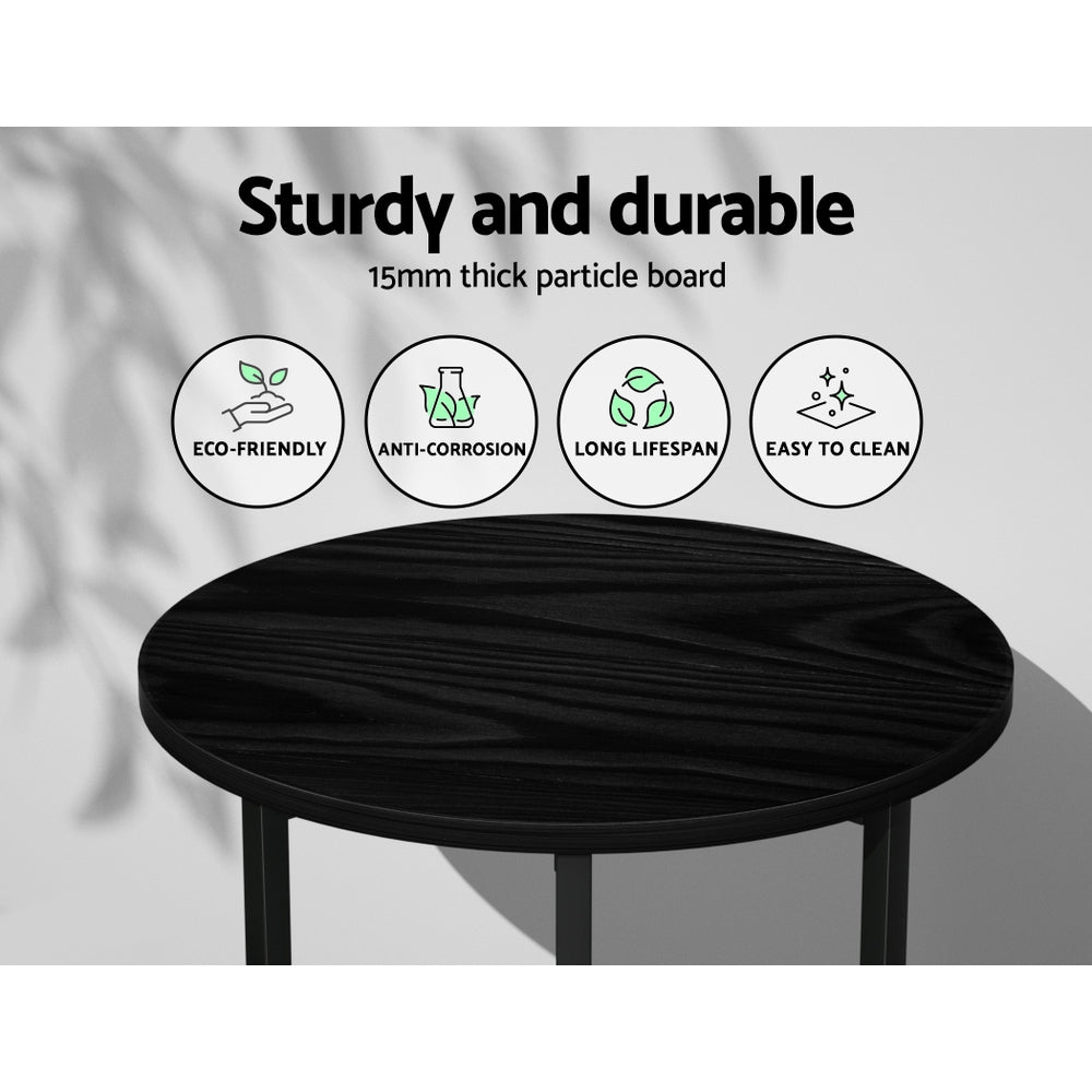 Black round side table features: sturdy, 15mm particle board, eco-friendly, anti-corrosion, long lifespan, easy to clean