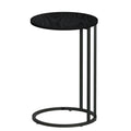 Round black side table front view on white background, wood-grain circular top, black metal posts and circular base ring