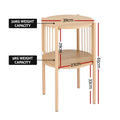 Two-tier round side table in natural oak with vertical rope spindles and four legs: 39cm top diameter, 65cm height