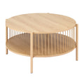 Round two-tier natural oak coffee table on white background, angle view with wood-grain top, rope-style metal spindles and