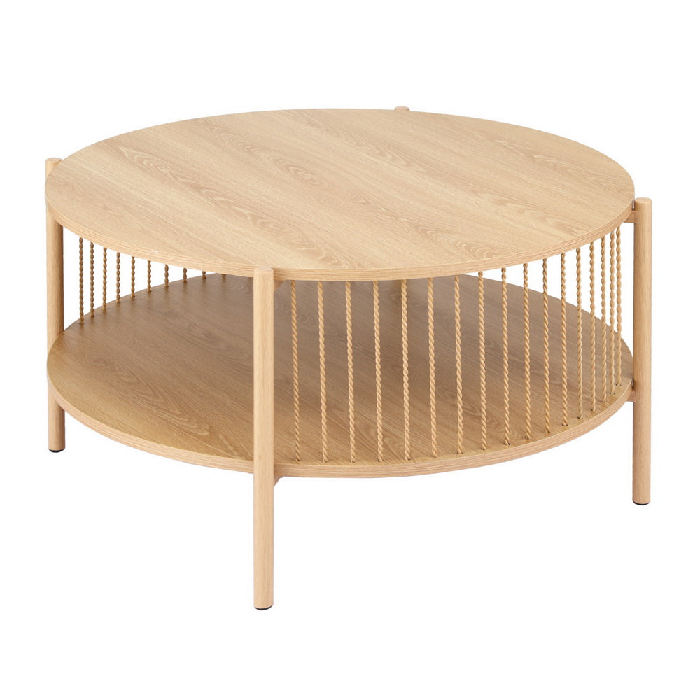 Round two-tier natural oak coffee table on white background, angle view with wood-grain top, rope-style metal spindles and