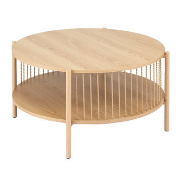 Round two-tier natural oak coffee table on white background, angle view with wood-grain top, rope-style metal spindles and
