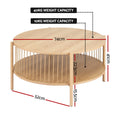 Round two-tier natural oak coffee table: 74cm diameter top, 41cm height, 52cm shelf diameter and 22.5cm shelf height