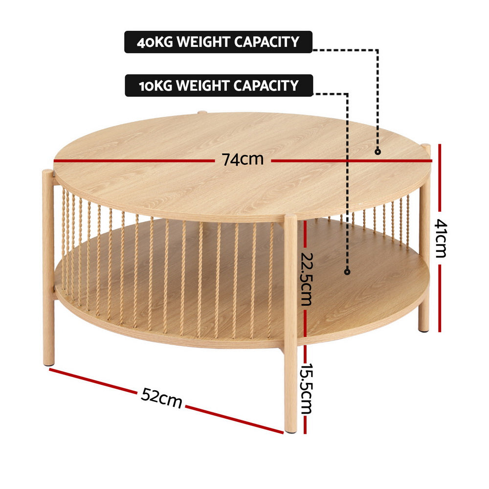 Round two-tier natural oak coffee table: 74cm diameter top, 41cm height, 52cm shelf diameter and 22.5cm shelf height
