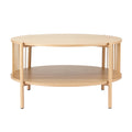 Round two-tier natural oak coffee table front view with wood-grain top, twisted rope-style metal spindles and lower shelf on