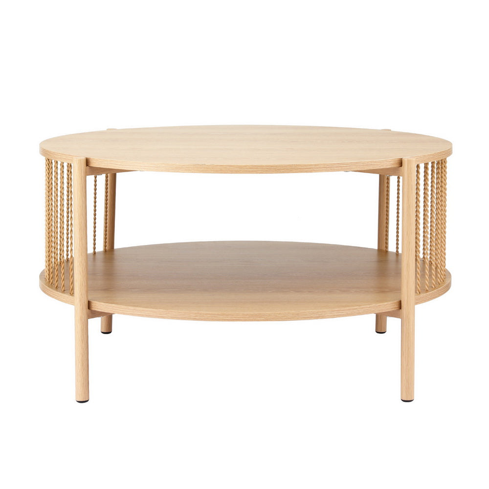 Round two-tier natural oak coffee table front view with wood-grain top, twisted rope-style metal spindles and lower shelf on
