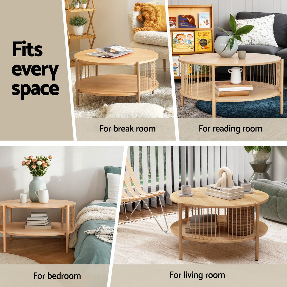 Round two-tier natural oak coffee table in four room settings: break room, reading room, bedroom and living room, text reads