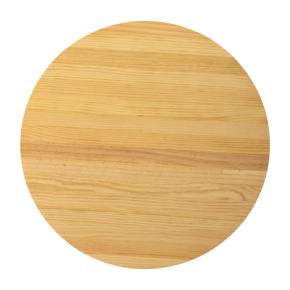 Top-down view of circular natural pine coffee table top on white background, showing horizontal wood grain and two-tone
