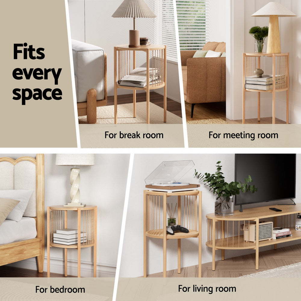 Round two-tier natural wood side table shown in four room settings including bedroom, living room, break room and meeting
