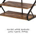 Close-up of rustic brown wood shelves on Z-frame shoe rack with three wood shelves with rustic finish text