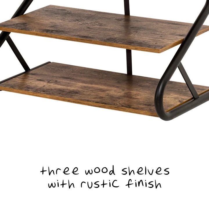 Close-up of rustic brown wood shelves on Z-frame shoe rack with three wood shelves with rustic finish text