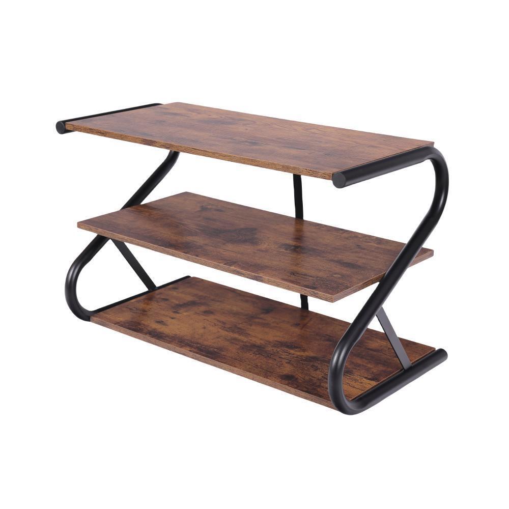 Rustic industrial 3-tier shoe rack with Z-shaped black steel frame and brown wood shelves on white background
