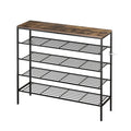 Rustic industrial 4-tier shoe rack angle view on white background with wood top wire grid shelves and anti-tip clips