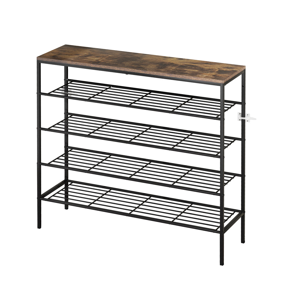 Rustic industrial 4-tier shoe rack angle view on white background with wood top wire grid shelves and anti-tip clips