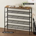 Rustic industrial 4-tier shoe rack in hallway showing 30KG top and 20KG shelf weight capacity labels with plant on top