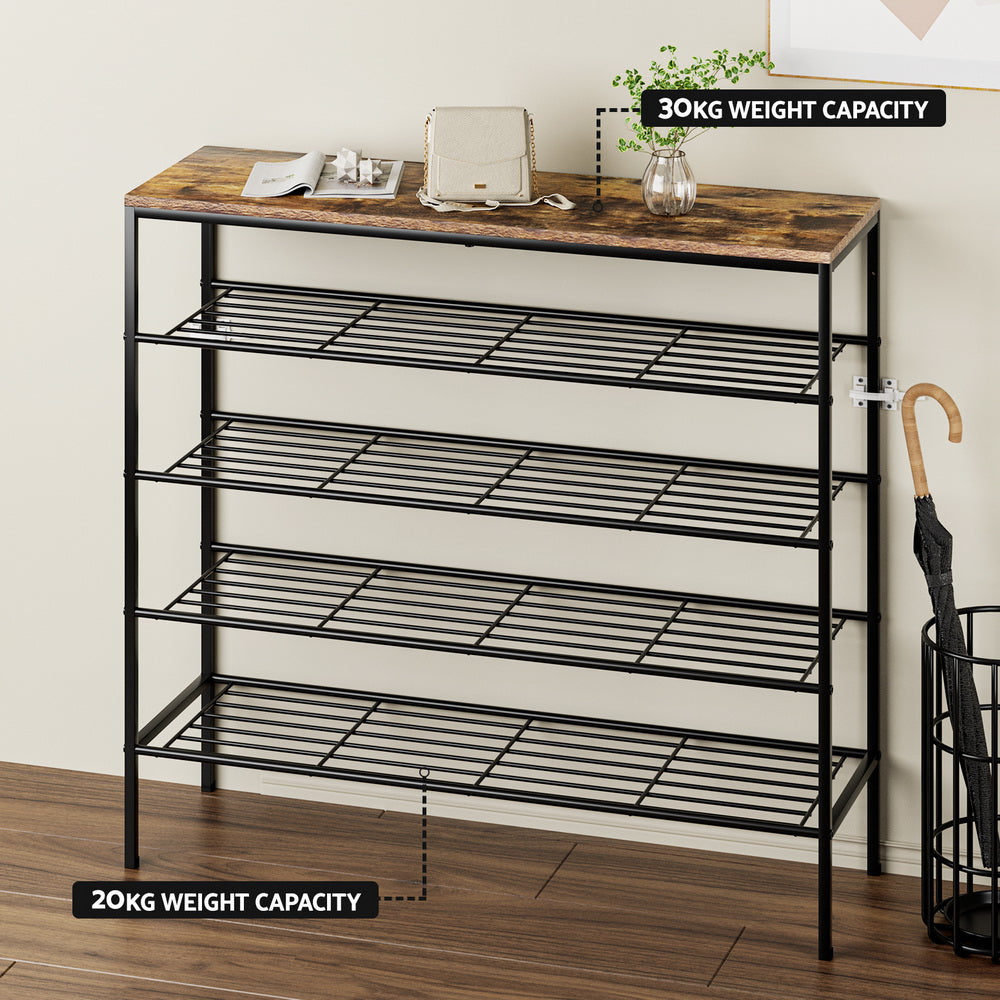 Rustic industrial 4-tier shoe rack in hallway showing 30KG top and 20KG shelf weight capacity labels with plant on top