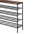 Close-up of wire grid shelf and black steel frame corner on rustic industrial 4-tier shoe rack