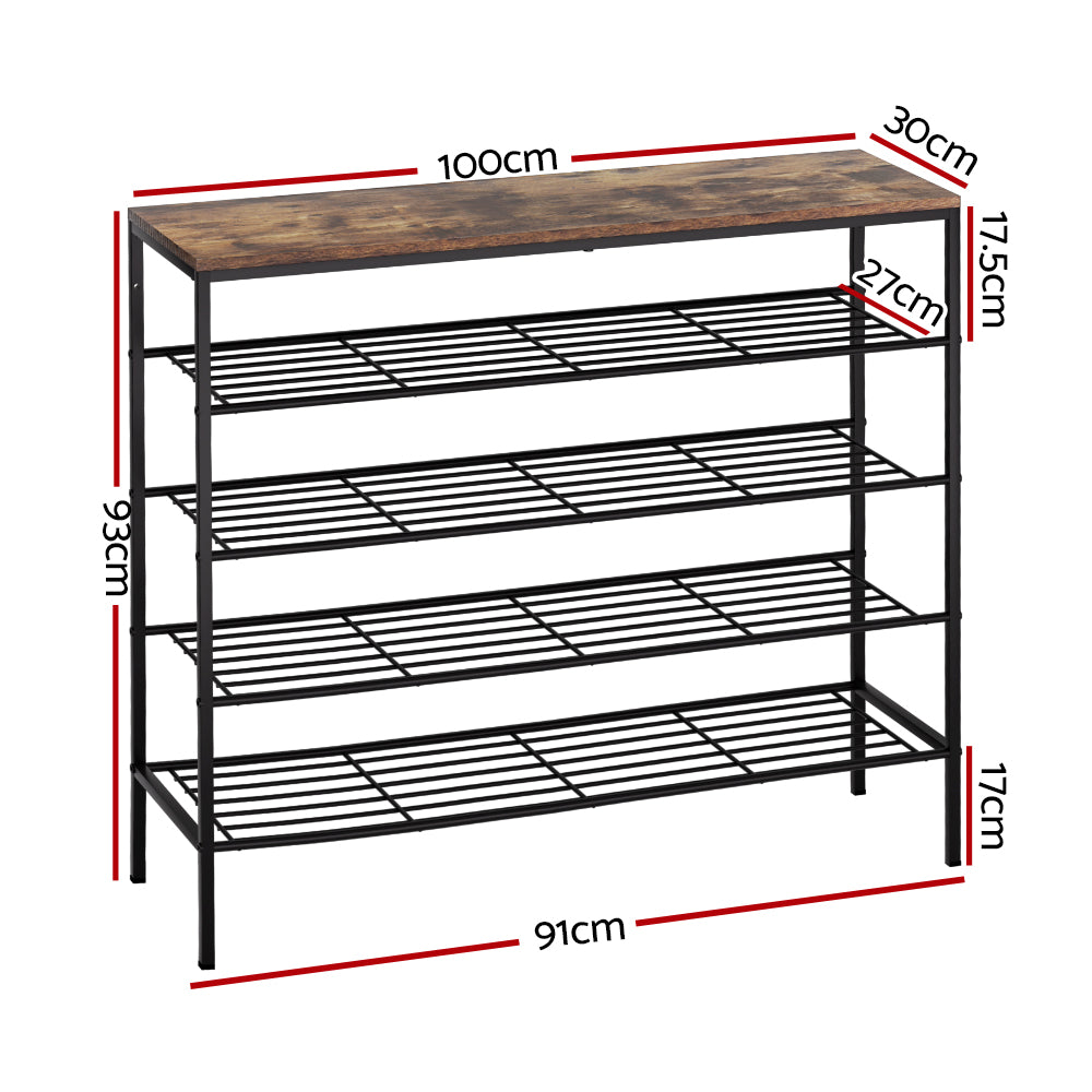 Rustic industrial 4-tier shoe rack dimensions 100cm wide 93cm tall 91cm shelf width 30cm depth with 17cm feet