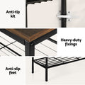 Three-panel infographic showing anti-tip kit wall bracket, heavy-duty fixings and anti-slip feet for industrial shoe rack