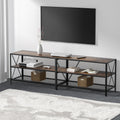Rustic industrial TV stand 176cm lifestyle in grey room with TV wicker baskets books and X-frame black metal structure