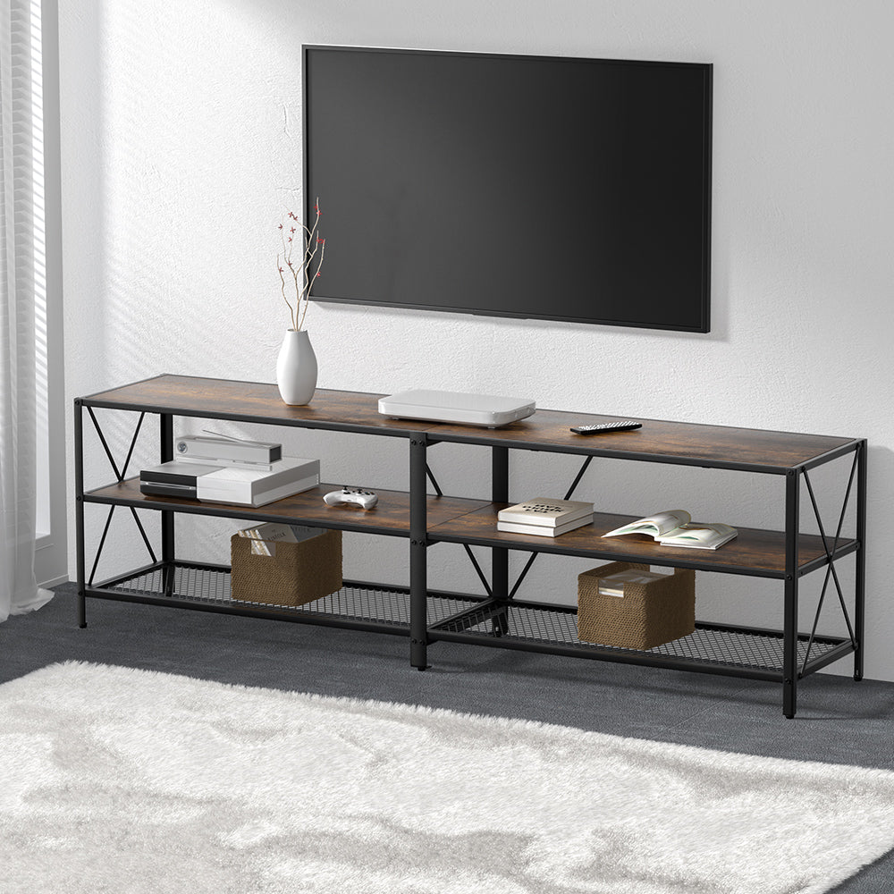 Rustic industrial TV stand 176cm lifestyle in grey room with TV wicker baskets books and X-frame black metal structure