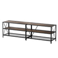 Rustic industrial TV stand 176cm angle view on white dark rustic wood three tiers X-frame braces and black mesh bottom shelf