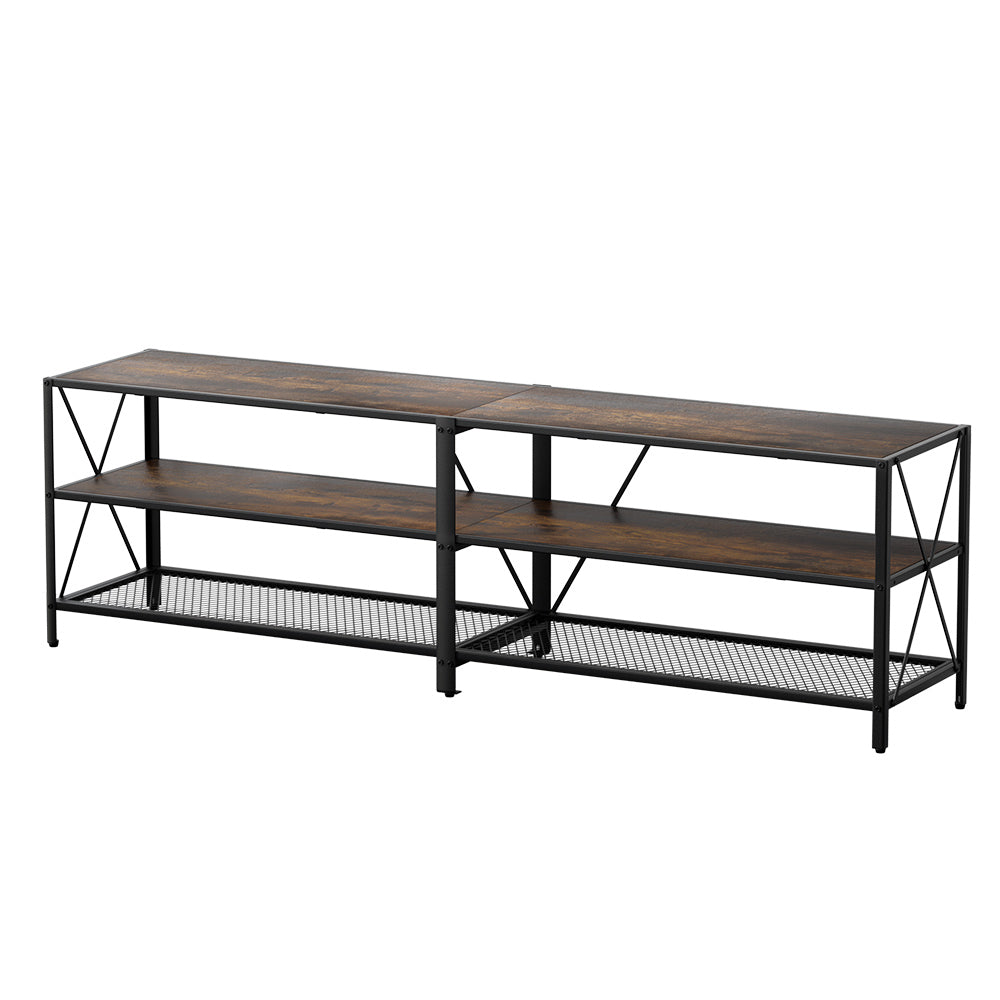 Rustic industrial TV stand 176cm angle view on white dark rustic wood three tiers X-frame braces and black mesh bottom shelf