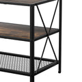 Rustic industrial TV stand X-frame brace close-up dark rustic wood middle shelf and black diamond mesh bottom shelf