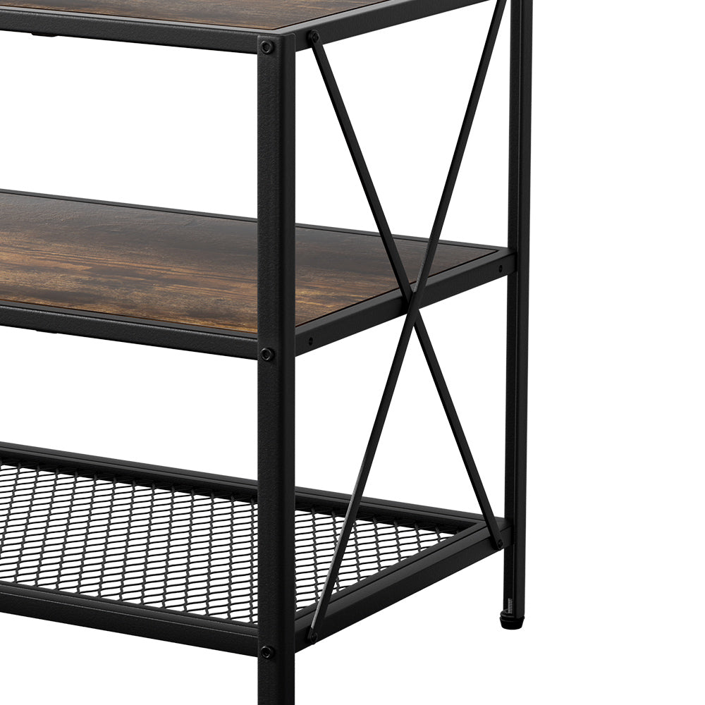 Rustic industrial TV stand X-frame brace close-up dark rustic wood middle shelf and black diamond mesh bottom shelf