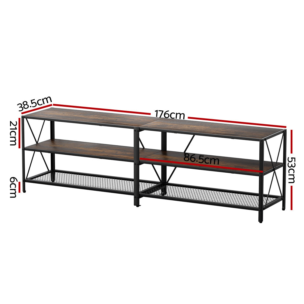 Rustic industrial TV stand 176cm dimension diagram 176x38.5x53cm middle shelf 86.5cm wide and 6cm bottom clearance