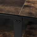 Rustic industrial TV stand top center joint close-up two wood panels meeting on black steel frame with hex screws