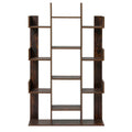 Dark brown rustic tree bookcase with three posts and staggered open shelves, empty, front view on white background