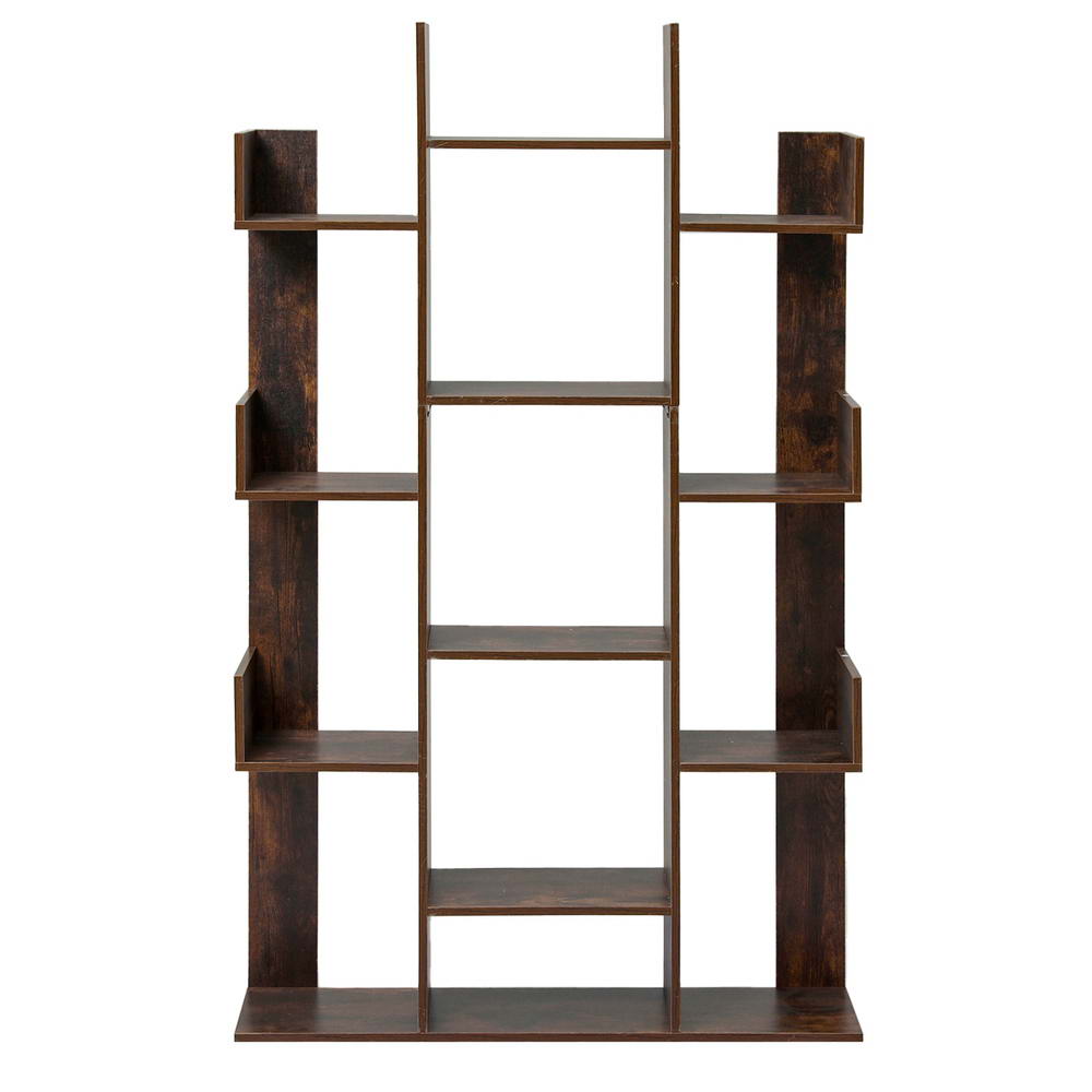 Dark brown rustic tree bookcase with three posts and staggered open shelves, empty, front view on white background