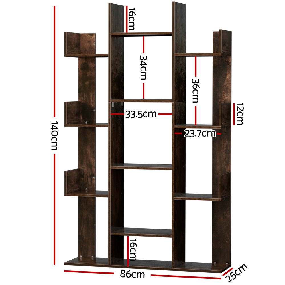 Rustic tree bookcase dimensions: 86cm wide, 25cm deep, 140cm tall with staggered asymmetric shelves on three posts