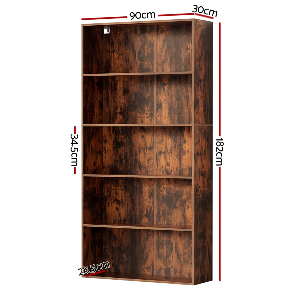 5-tier bookshelf dimensions diagram: 90cm wide, 30cm deep, 182cm tall, 34.5cm shelf height, rustic walnut finish
