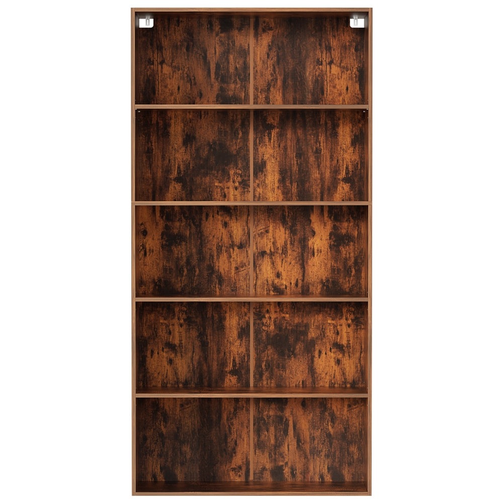 5-tier bookshelf in rustic walnut finish, straight front view on white background, wall anchor clips visible at top