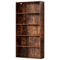 5-tier bookshelf in rustic walnut dark wood finish on white background, slight angle view, all shelves empty