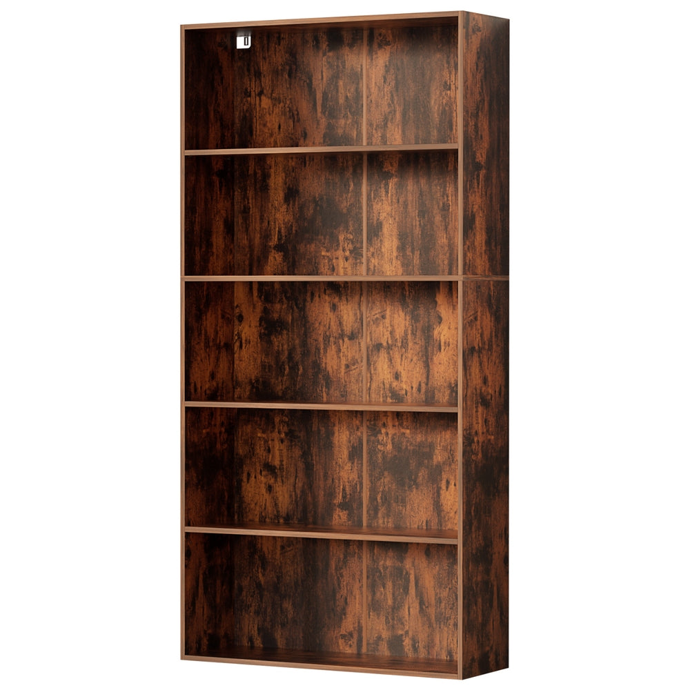 5-tier bookshelf in rustic walnut dark wood finish on white background, slight angle view, all shelves empty