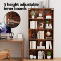 Rustic walnut 5-tier bookshelf in home office with inset closeup, text: 3 height adjustable inner boards, 2.7cm increments