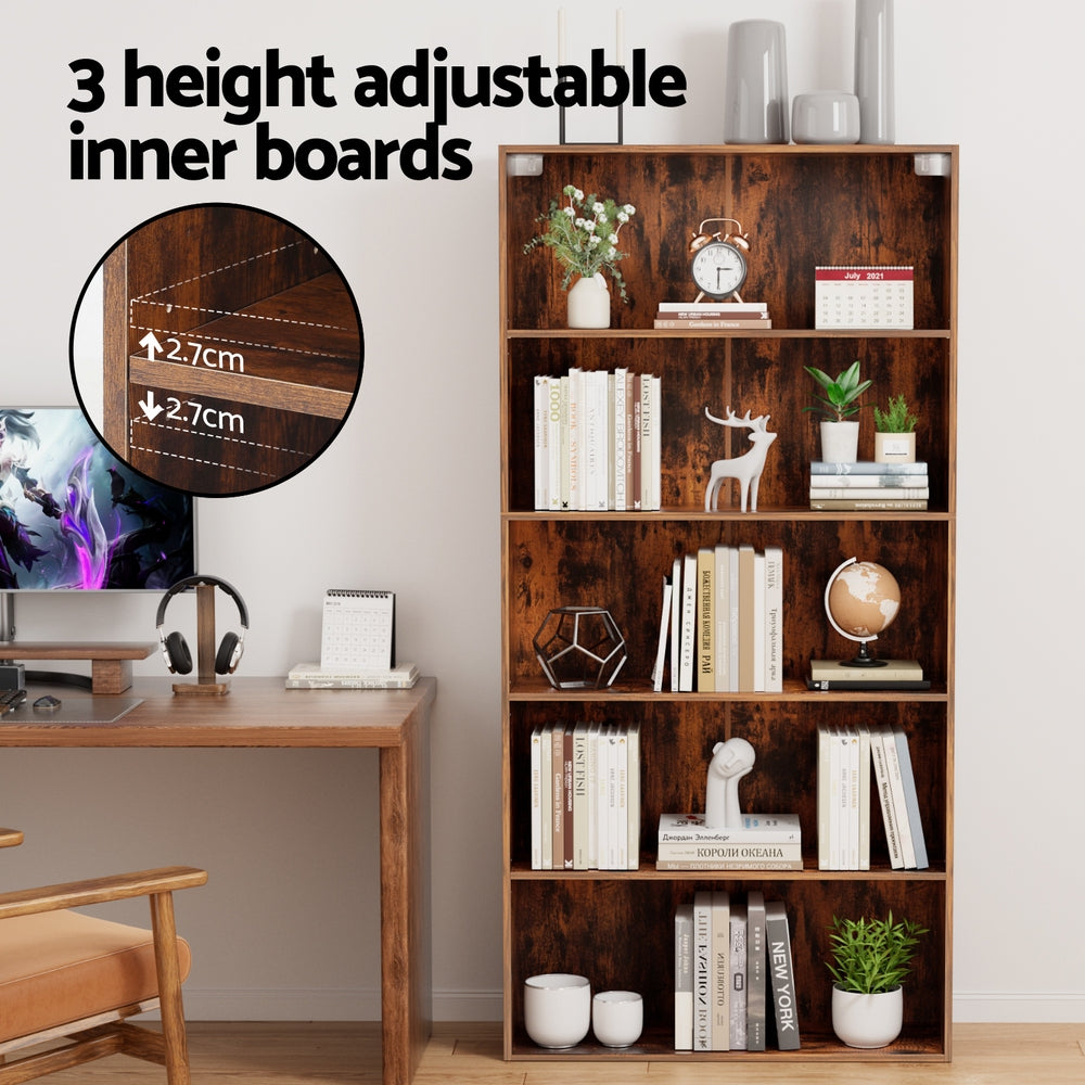 Rustic walnut 5-tier bookshelf in home office with inset closeup, text: 3 height adjustable inner boards, 2.7cm increments