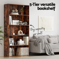 Rustic walnut 5-tier bookshelf in living room with books and decor, text: 5-Tier versatile bookshelf, 10kg per shelf