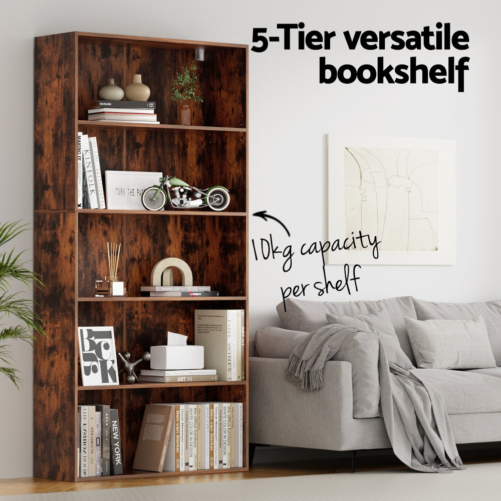 Rustic walnut 5-tier bookshelf in living room with books and decor, text: 5-Tier versatile bookshelf, 10kg per shelf