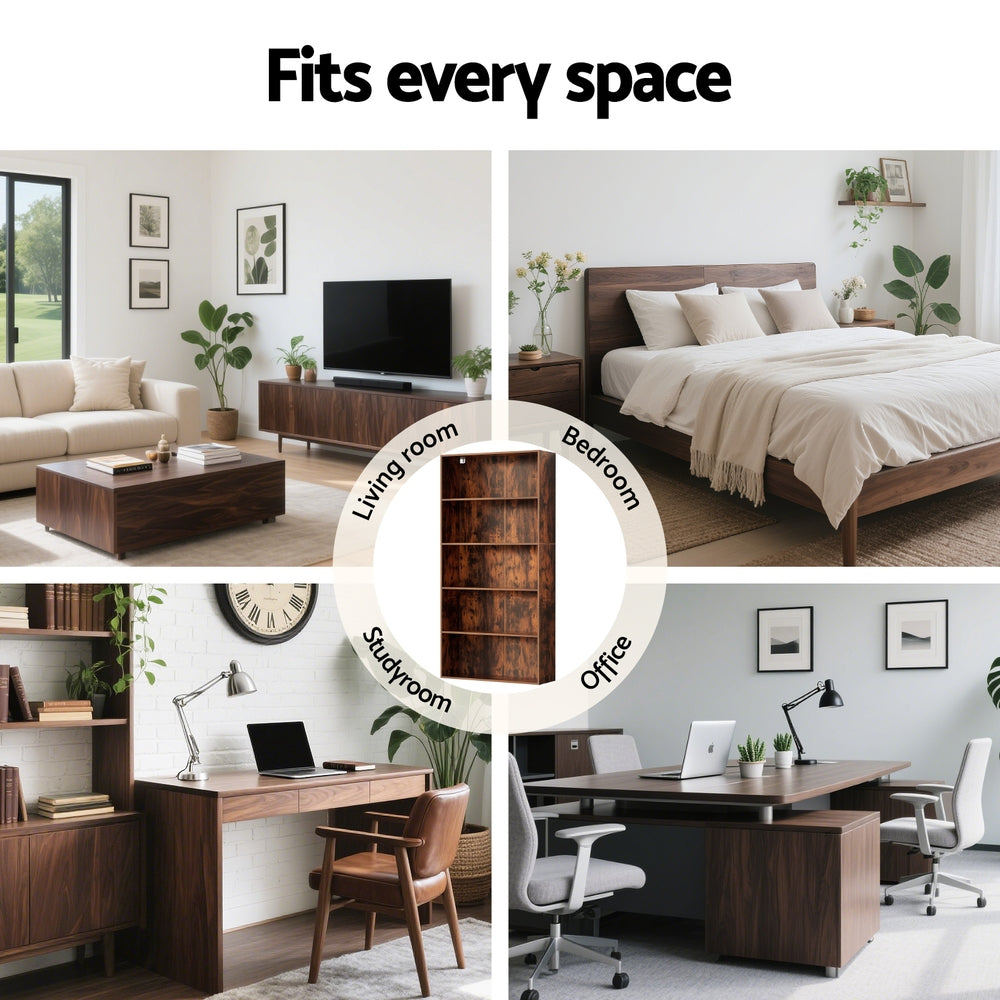 Four-room lifestyle collage of rustic walnut bookshelf in living room, bedroom, studyroom and office, text: Fits every space