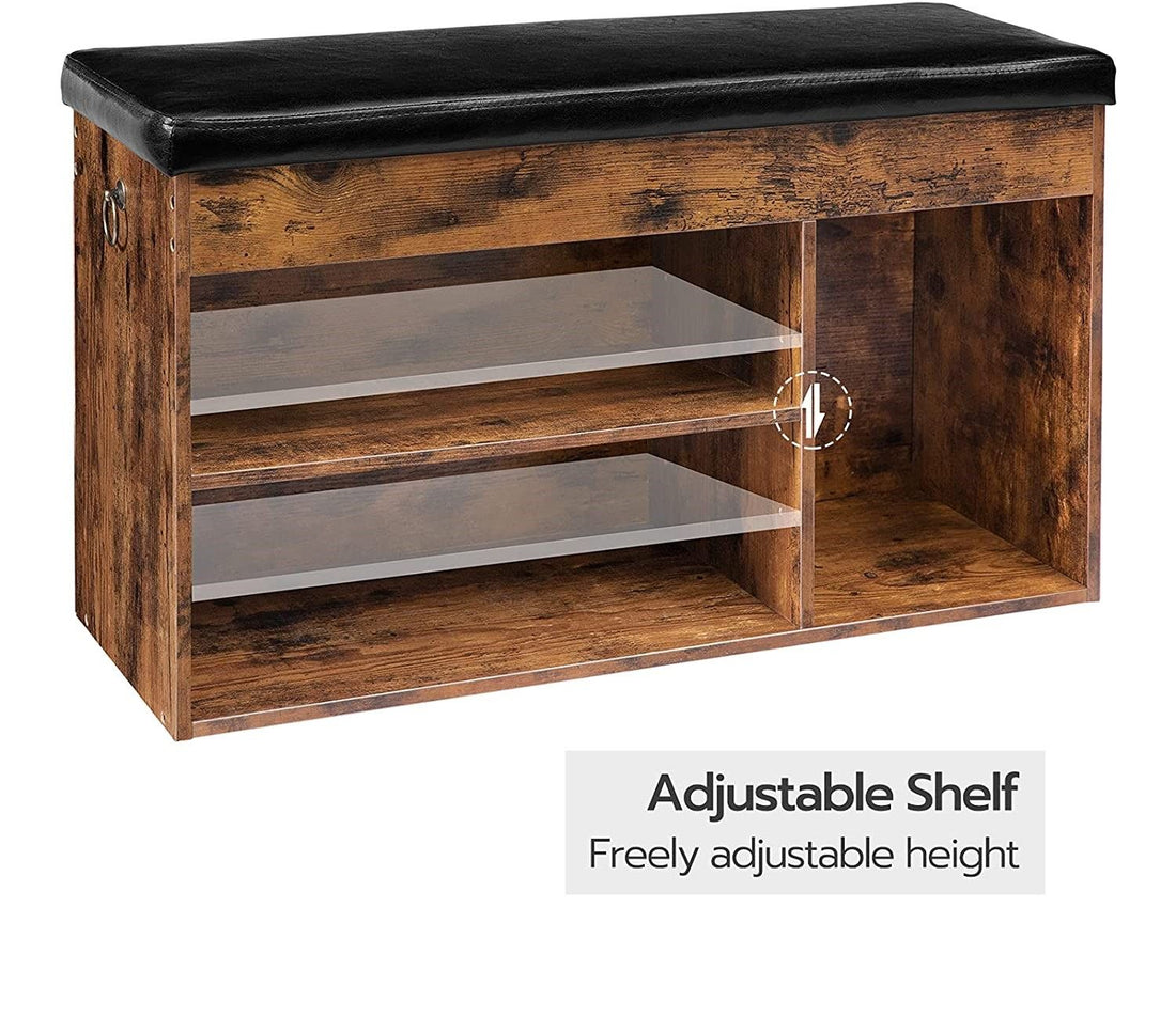 Rustic wood shoe bench lid open showing hidden storage compartment with visible metal hinges and empty cubbies