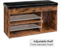 Rustic wood shoe bench with adjustable shelf highlighted showing freely adjustable height feature