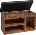 Rustic wood shoe bench lid open showing hidden storage compartment with visible metal hinges and empty cubbies