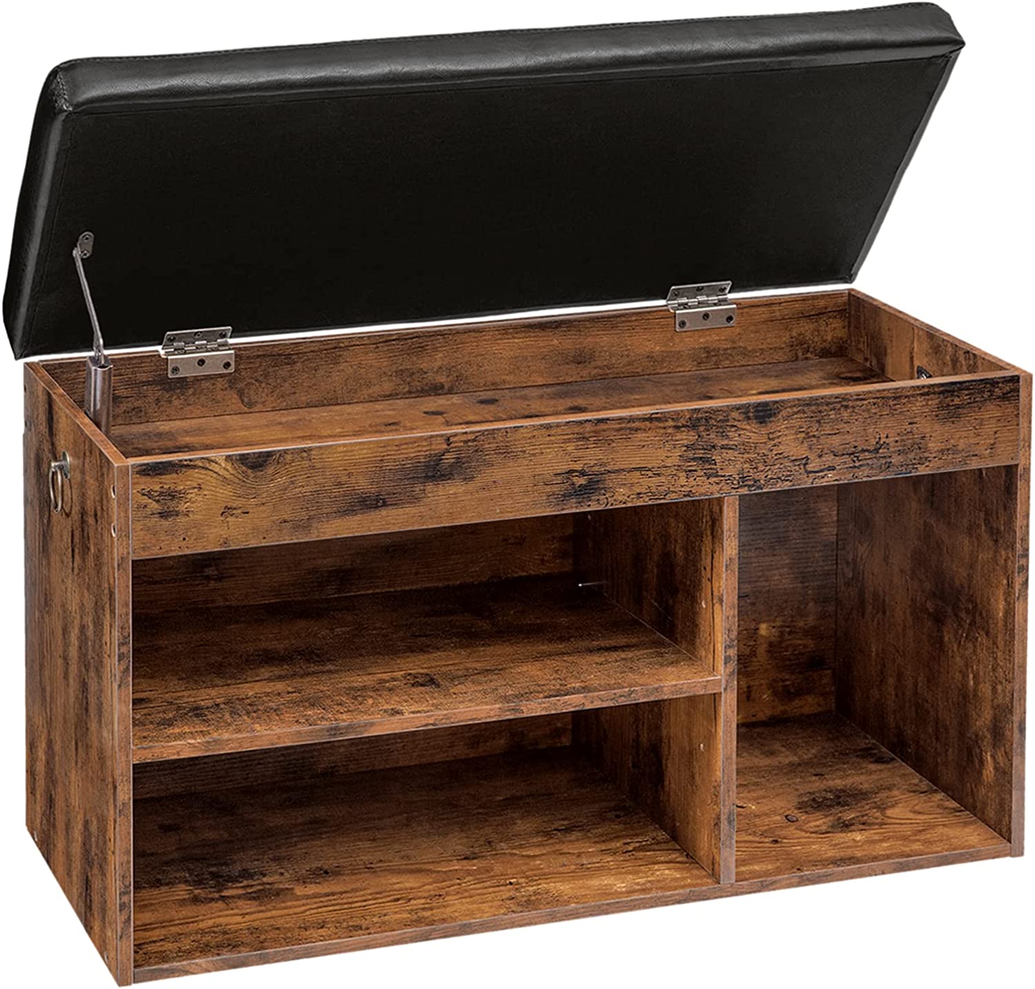 Rustic wood shoe bench lid open showing hidden storage compartment with visible metal hinges and empty cubbies
