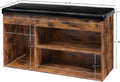 Rustic wood shoe bench dimensions showing 82cm wide 44cm tall 31.5cm deep with internal shelf measurements