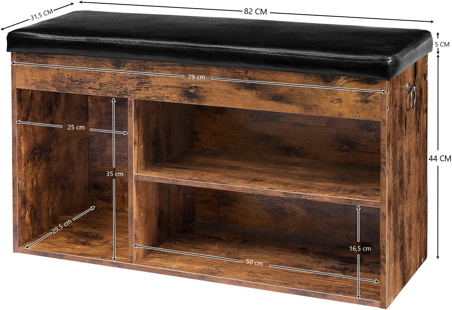 Rustic wood shoe bench dimensions showing 82cm wide 44cm tall 31.5cm deep with internal shelf measurements